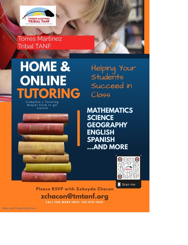 https://drive.google.com/file/d/166OoHp83T3VWOwGL5O-gGp30k7Lg5JCh/view?usp=share_link Tutoring Services Virtual and In-Home Tutoring To Request Services Please Contact Zobeyda Chacon at Zcahcon@tmtanf.org (310) 878-1600 Ext. 23007 